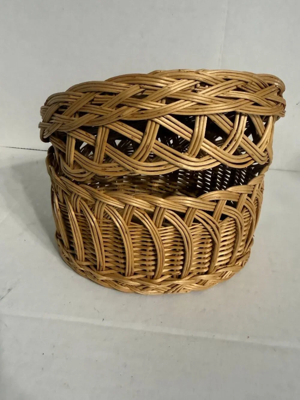 Lidded Wicker Container Versatile Woven Storage Container Intricate Border Italy